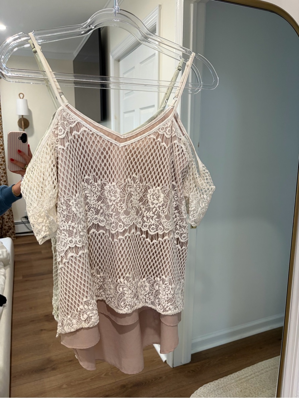 Greylin Cream Lace Cold-Shoulder Blouse with Blush Layer